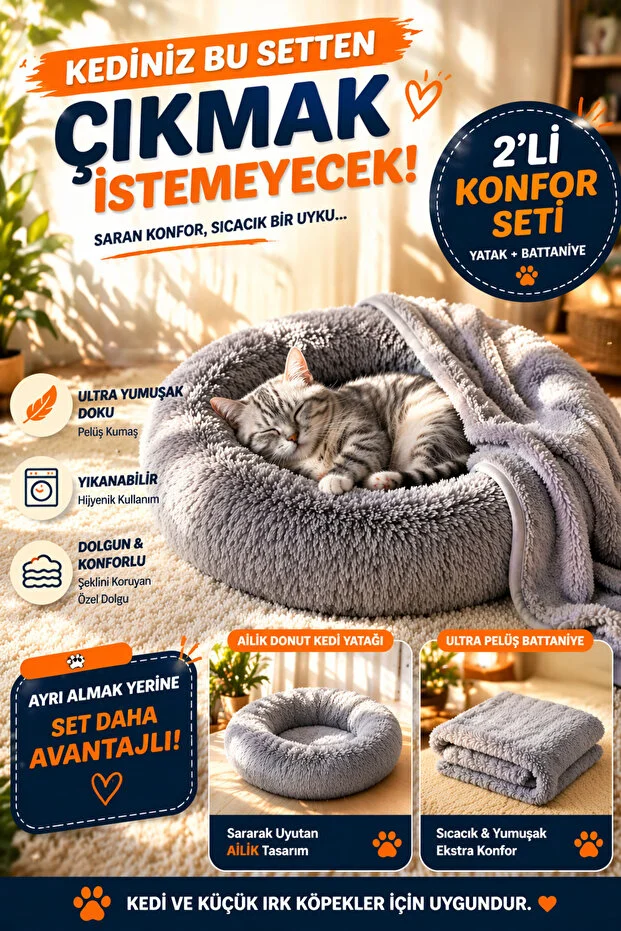 Donut Kedi Yatağı 2’li Set Battaniyeli Peluş Kedi Köpek Yatağı 50 60 70 cm